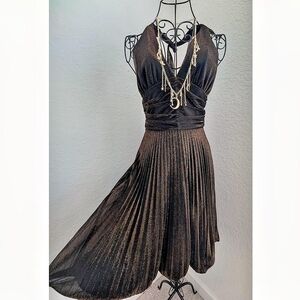 Vintage Cache Metallic Bronze Backless Pleated Halter Dress